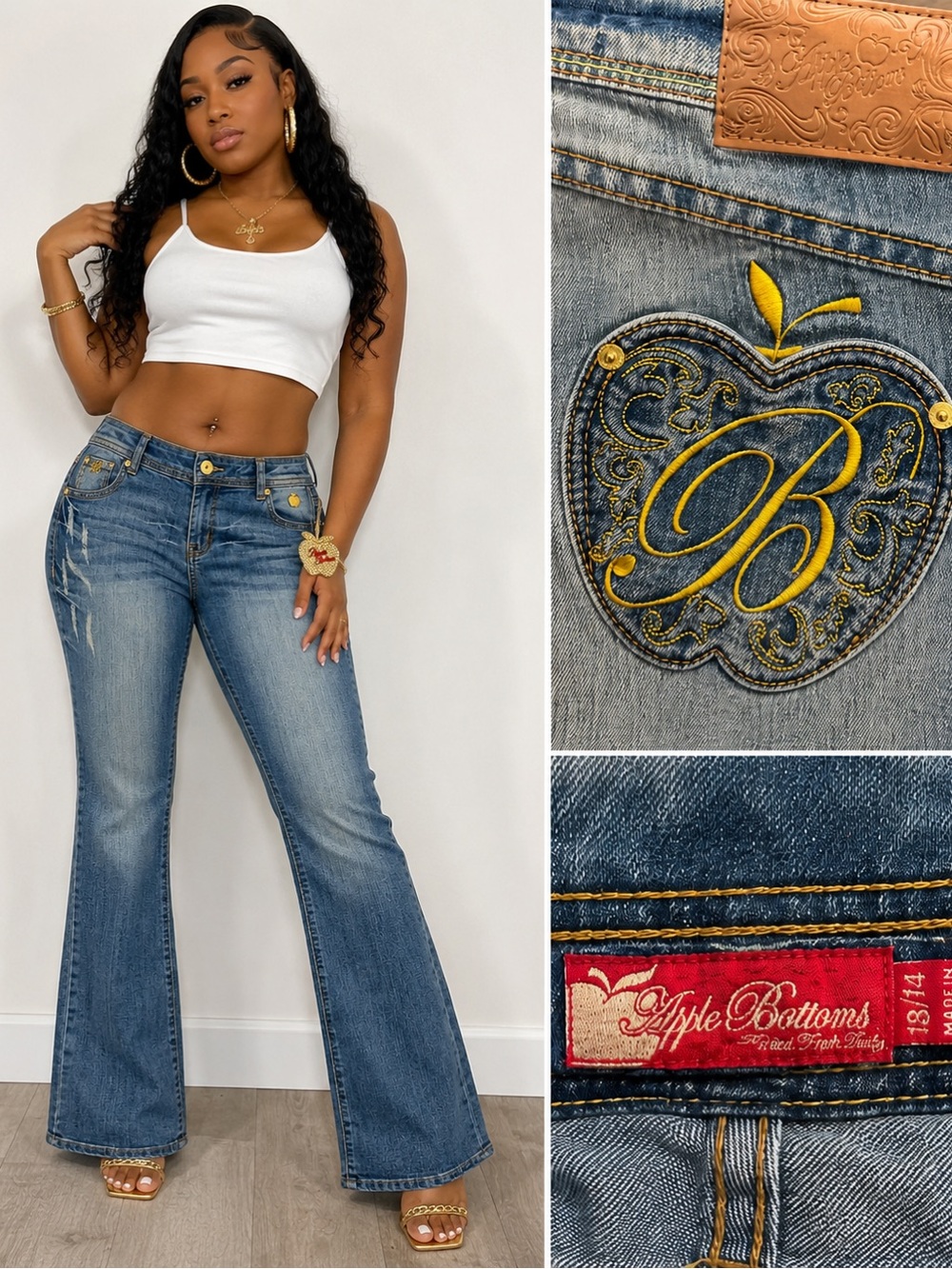 Apple Bottoms Flare Jeans Size 13/14 Blue Embroidered Y2K/Bling Apple Pocket NWT